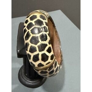 Wood Brass Painted Giraffe Print Bangle Bracelet  Crackled Texture 7.75" Bold